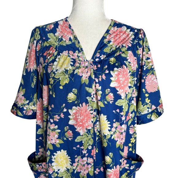 Anthony Richards Blue Floral Housecoat Pockets Medium Short Sleeve Lightweight - Picture 2 of 6